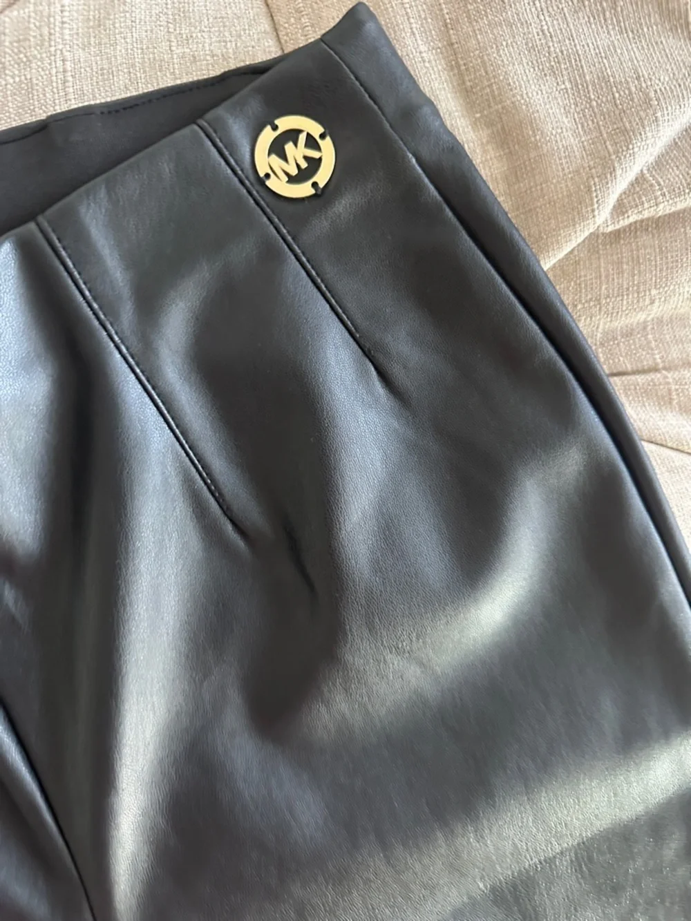 Michael Kors Black Faux Leather Tapered Pants with Gold Logo